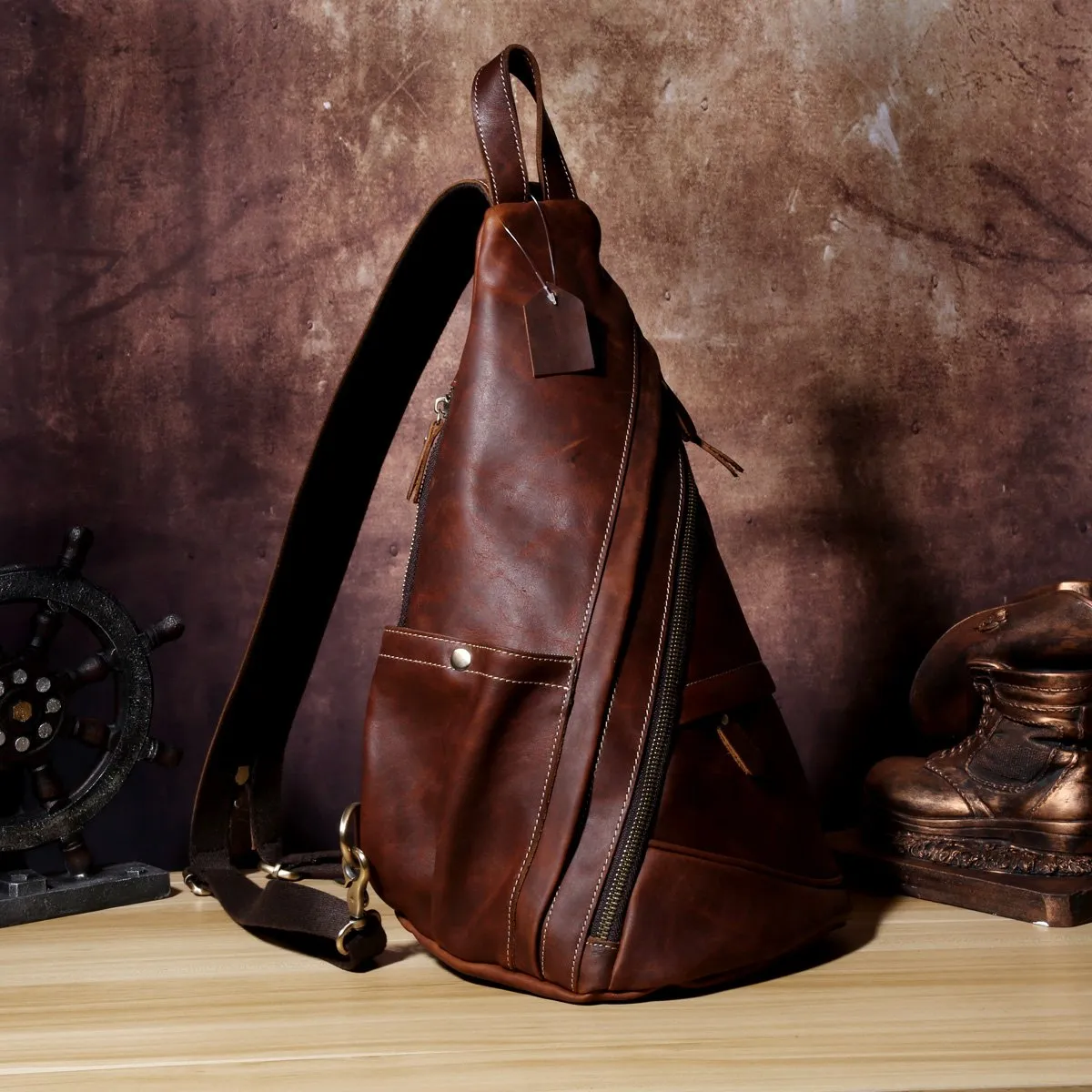 Genuine Brown Leather Mens Cool Chest Bag Sling Bag Sling Backpack for men