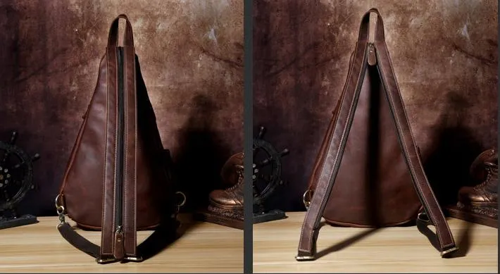 Genuine Brown Leather Mens Cool Chest Bag Sling Bag Sling Backpack for men