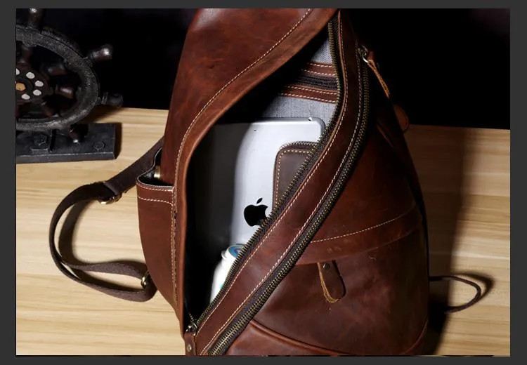 Genuine Brown Leather Mens Cool Chest Bag Sling Bag Sling Backpack for men