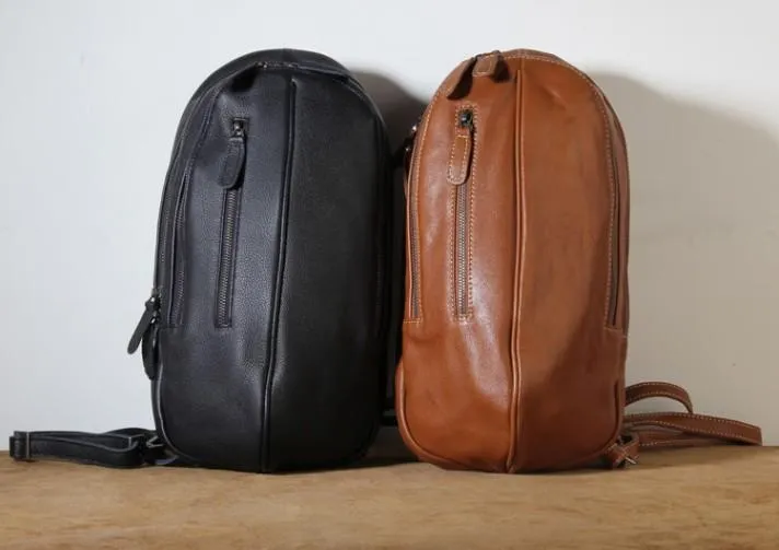 Genuine Brown Leather Mens Cool SLing Pack Chest Bag Sling Bag Crossbody Bag Travel Backpack for men
