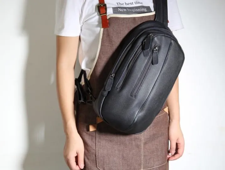 Genuine Brown Leather Mens Cool SLing Pack Chest Bag Sling Bag Crossbody Bag Travel Backpack for men