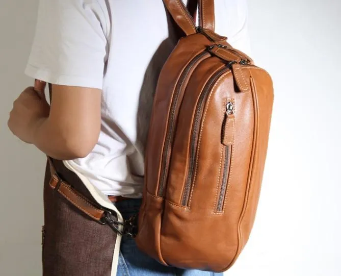 Genuine Brown Leather Mens Cool SLing Pack Chest Bag Sling Bag Crossbody Bag Travel Backpack for men