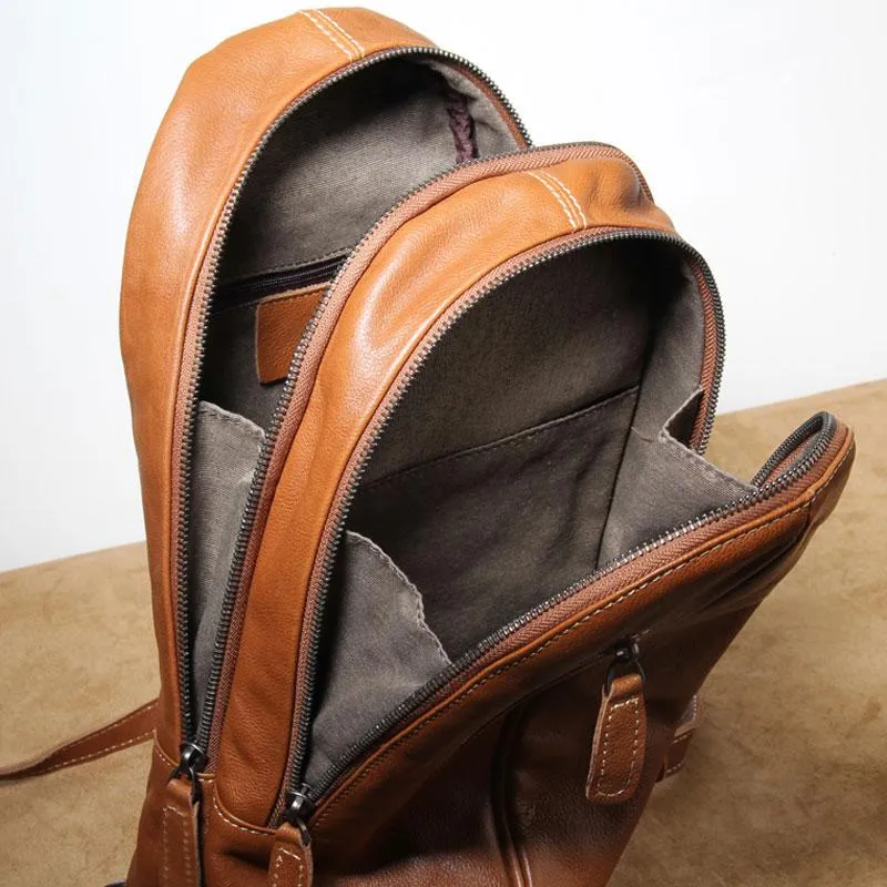 Genuine Brown Leather Mens Cool SLing Pack Chest Bag Sling Bag Crossbody Bag Travel Backpack for men