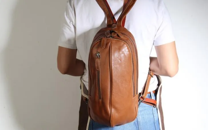 Genuine Brown Leather Mens Cool SLing Pack Chest Bag Sling Bag Crossbody Bag Travel Backpack for men