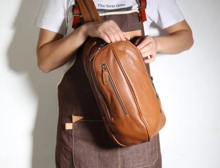 Genuine Brown Leather Mens Cool SLing Pack Chest Bag Sling Bag Crossbody Bag Travel Backpack for men