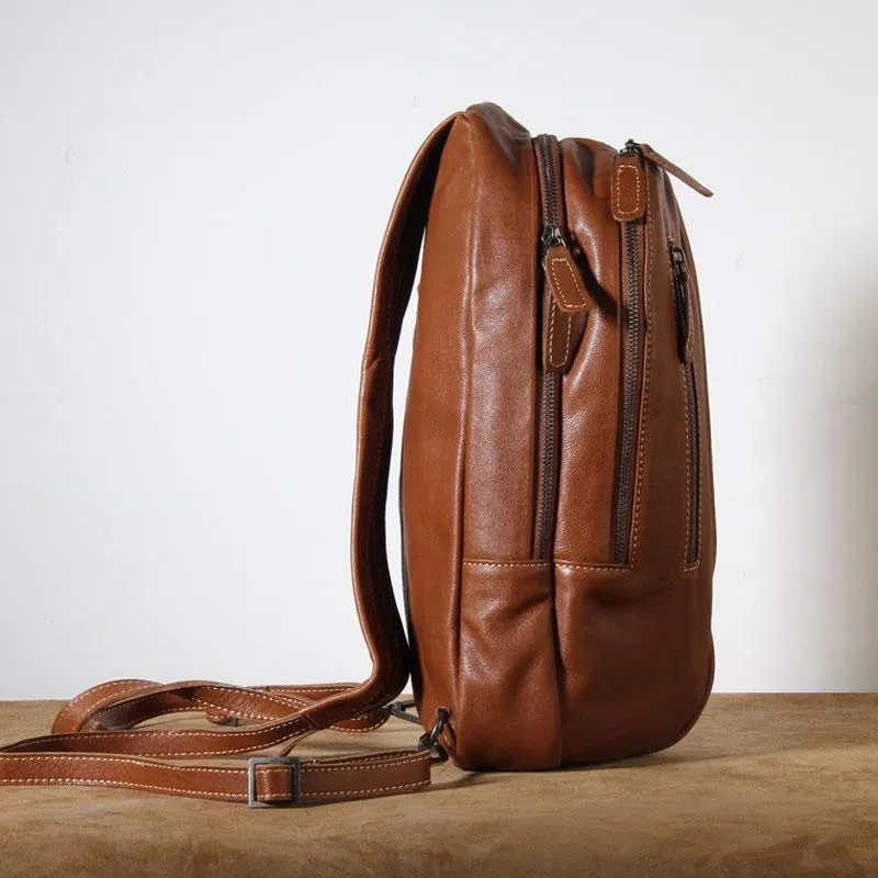 Genuine Brown Leather Mens Cool SLing Pack Chest Bag Sling Bag Crossbody Bag Travel Backpack for men
