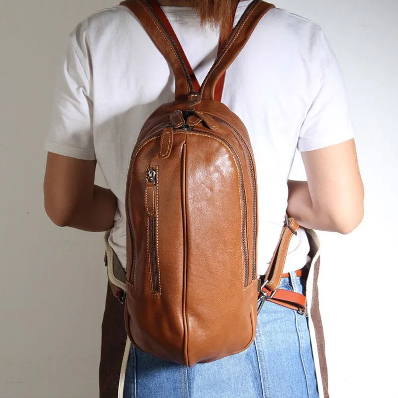 Genuine Brown Leather Mens Cool SLing Pack Chest Bag Sling Bag Crossbody Bag Travel Backpack for men
