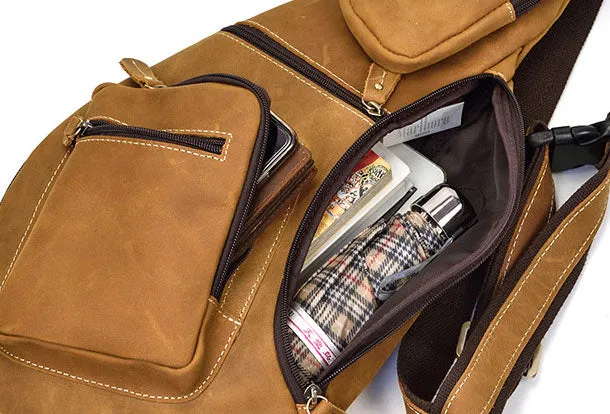 Genuine Leather Cool Chest Bag CrossBody Sling Bag Travel Bag Hiking Bag For Men
