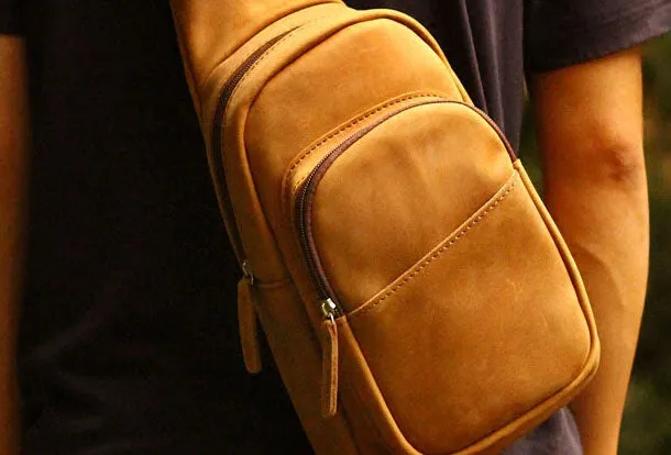 Genuine Leather Mens Chest Bag Cool Sling Bag Waist Bag Bike Bag Cycling Bag For Men