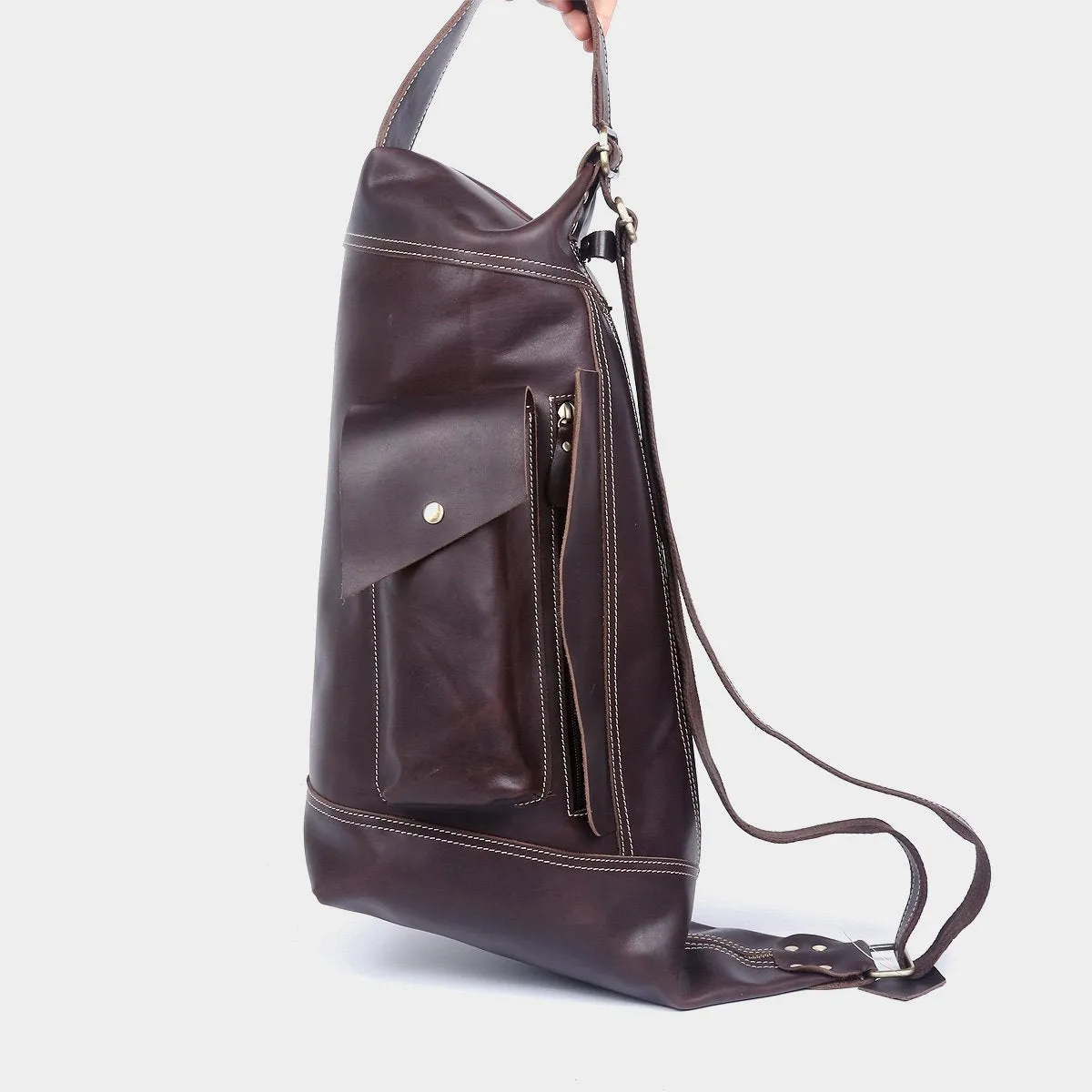 Genuine Leather Mens Coffee Cool Sling Pack Chest Bag Sling Bag Crossbody Pack for men