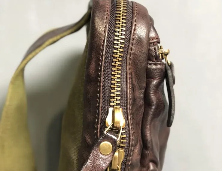Genuine Leather Mens Cool Chest Bag Sling Bag Coffee Crossbody Pack Sling Pack for men