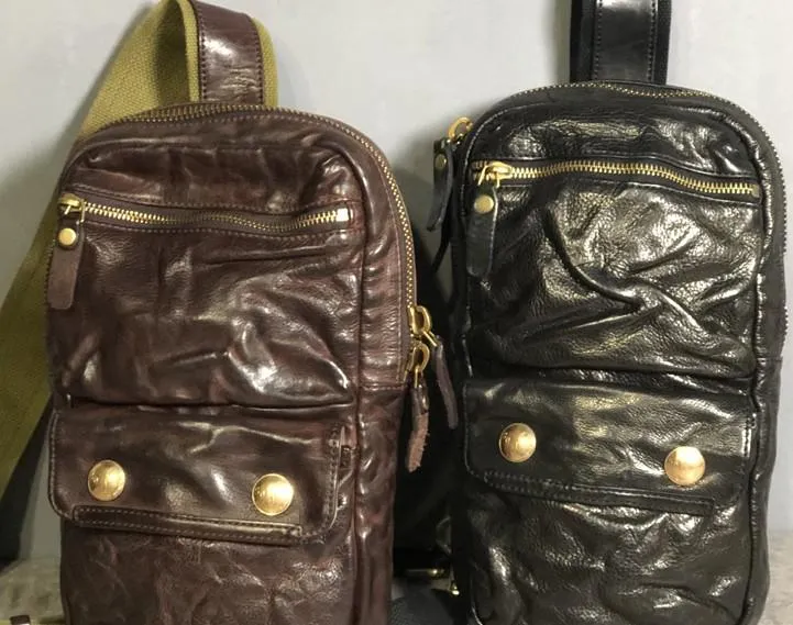 Genuine Leather Mens Cool Chest Bag Sling Bag Coffee Crossbody Pack Sling Pack for men