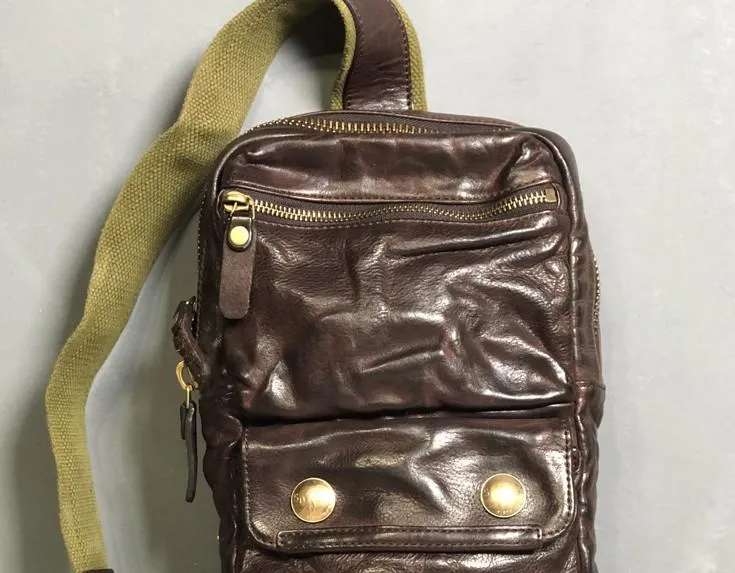 Genuine Leather Mens Cool Chest Bag Sling Bag Coffee Crossbody Pack Sling Pack for men