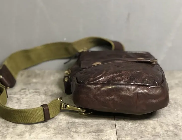 Genuine Leather Mens Cool Chest Bag Sling Bag Coffee Crossbody Pack Sling Pack for men