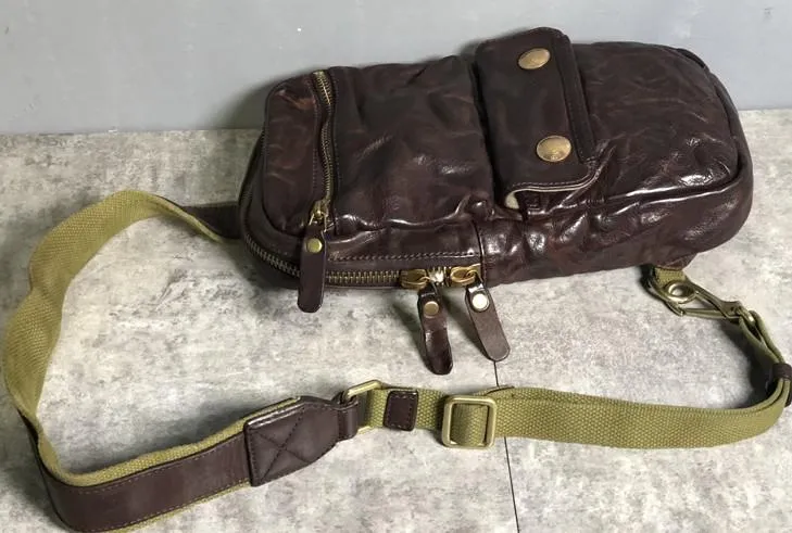 Genuine Leather Mens Cool Chest Bag Sling Bag Coffee Crossbody Pack Sling Pack for men