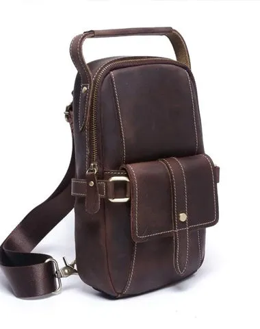 Genuine Leather Mens Cool Chest Bag Sling Bag Coffee One shoulder Backpack for men