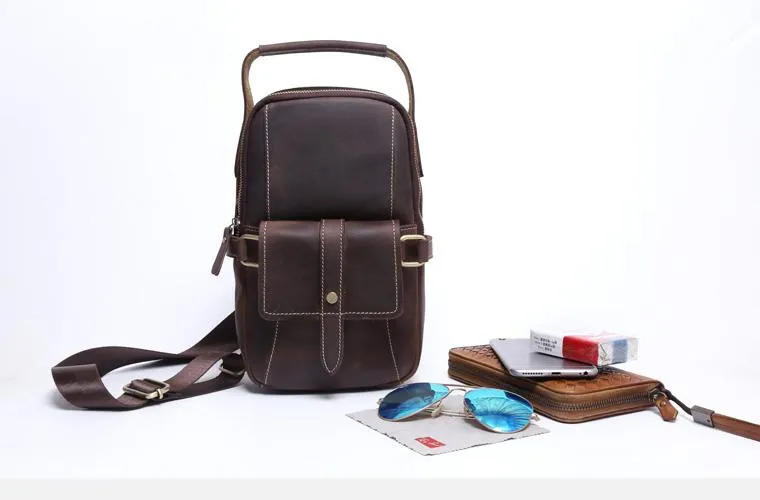 Genuine Leather Mens Cool Chest Bag Sling Bag Coffee One shoulder Backpack for men