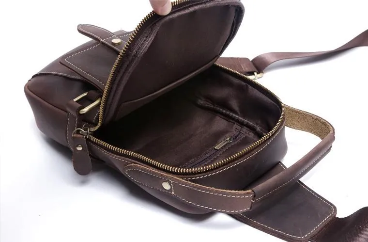 Genuine Leather Mens Cool Chest Bag Sling Bag Coffee One shoulder Backpack for men