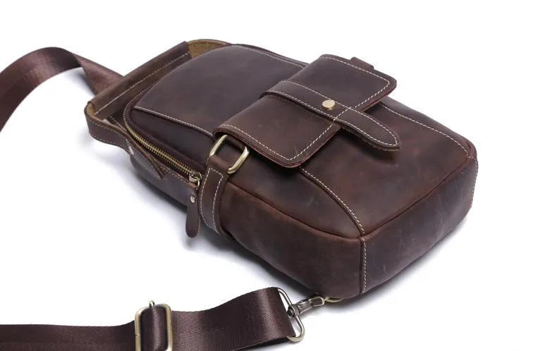 Genuine Leather Mens Cool Chest Bag Sling Bag Coffee One shoulder Backpack for men