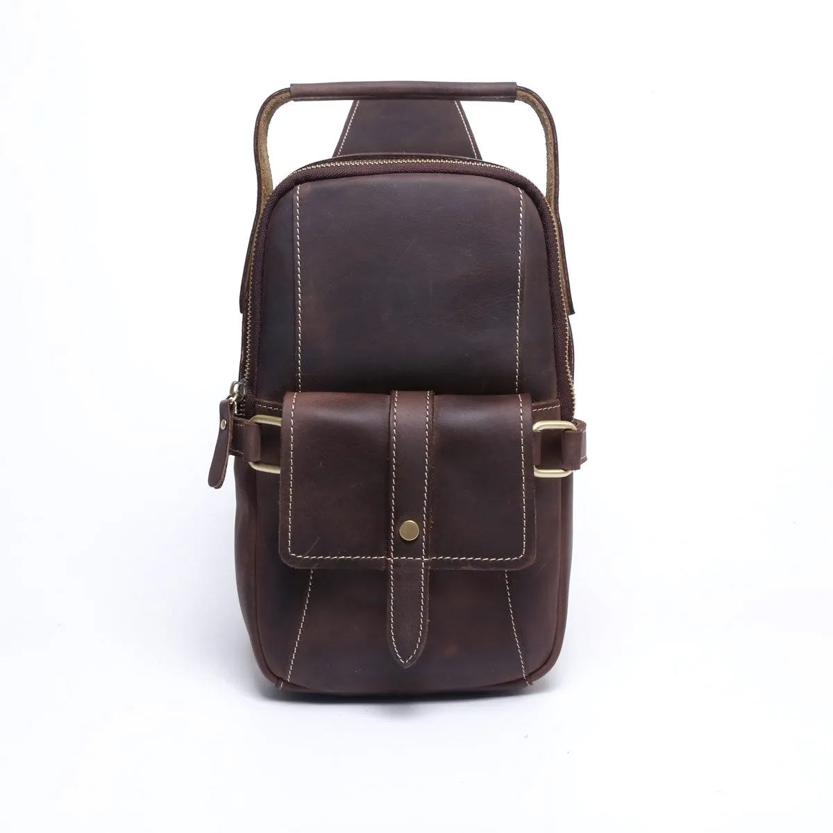 Genuine Leather Mens Cool Chest Bag Sling Bag Coffee One shoulder Backpack for men