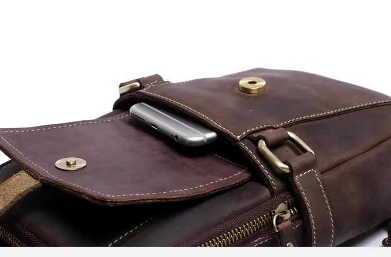 Genuine Leather Mens Cool Chest Bag Sling Bag Coffee One shoulder Backpack for men
