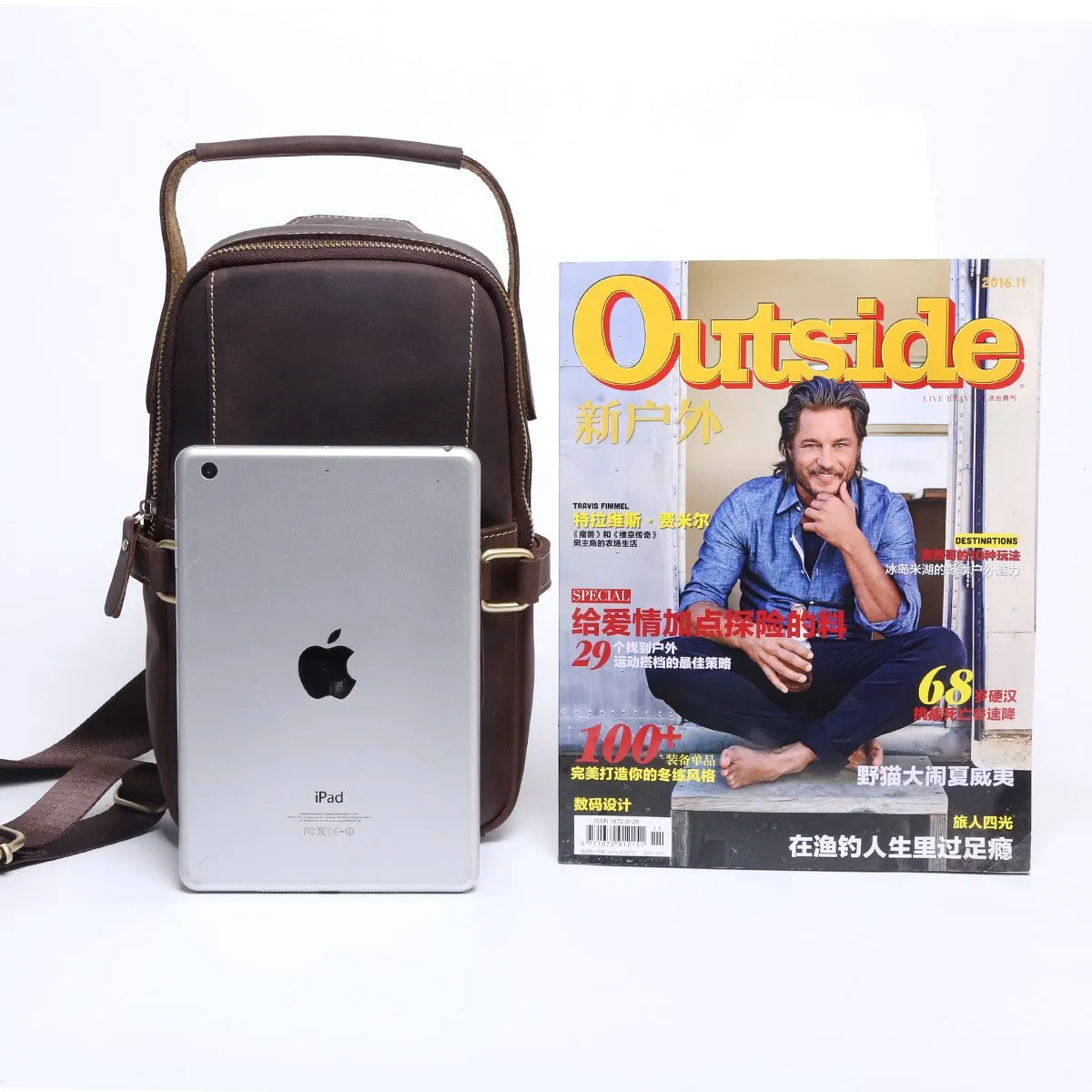 Genuine Leather Mens Cool Chest Bag Sling Bag Coffee One shoulder Backpack for men