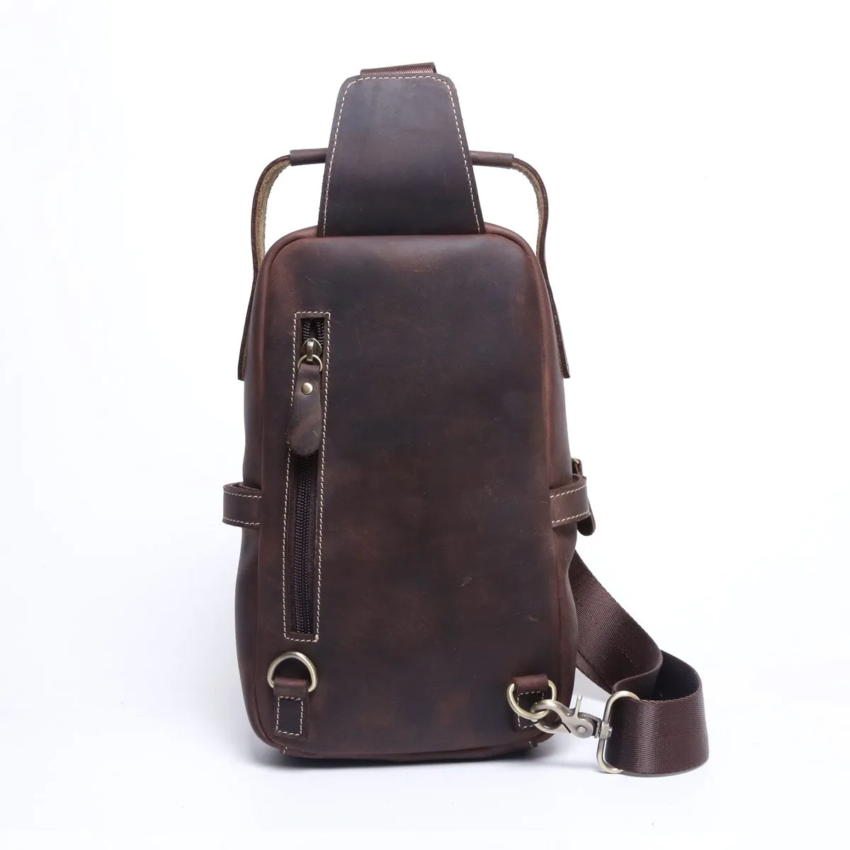 Genuine Leather Mens Cool Chest Bag Sling Bag Coffee One shoulder Backpack for men