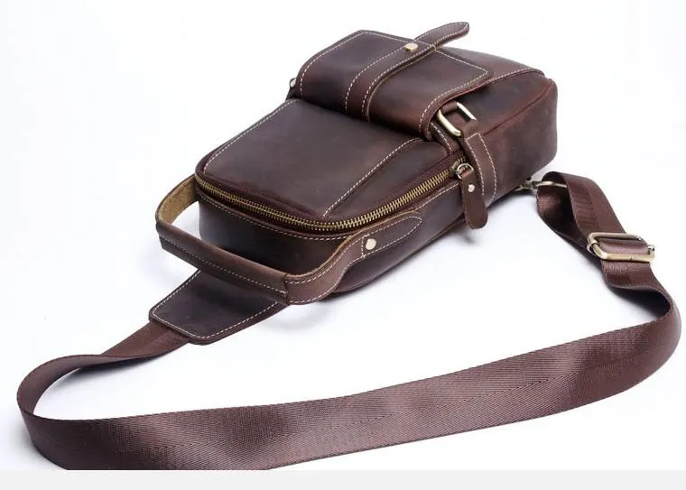 Genuine Leather Mens Cool Chest Bag Sling Bag Coffee One shoulder Backpack for men