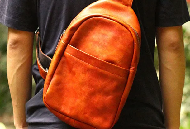 Genuine Leather Mens Cool Chest Bag Sling Bag Crossbody Bag Travel Bag Hiking Bag for men