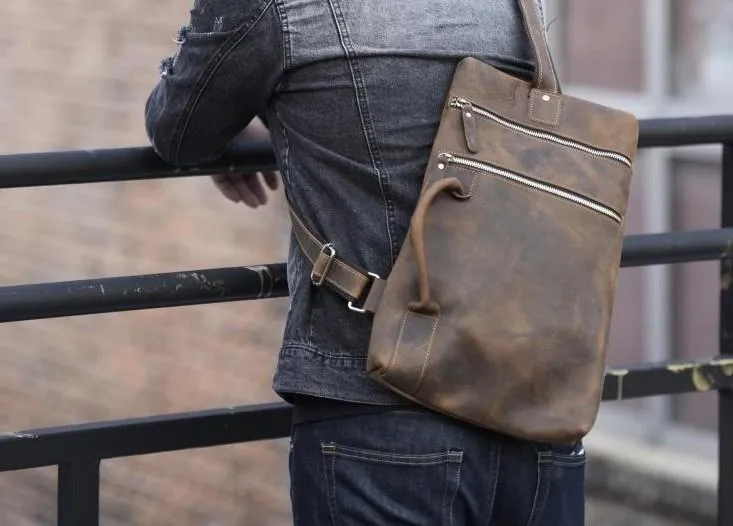 Genuine Leather Mens Cool Chest Bag Sling Bag Crossbody Bag Travel Bag Hiking Bag for men