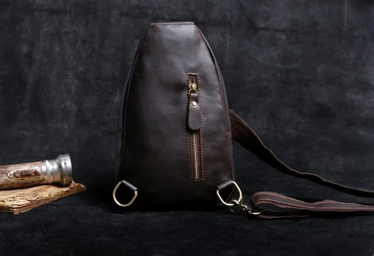 Genuine Leather Mens Cool Chest Bag Sling Bag Crossbody Bag Travel Bag Hiking Bag for men