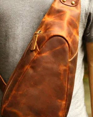 Genuine Leather Mens Cool Chest Bag Sling Bag Crossbody Bag Travel Bag Hiking Bag for men