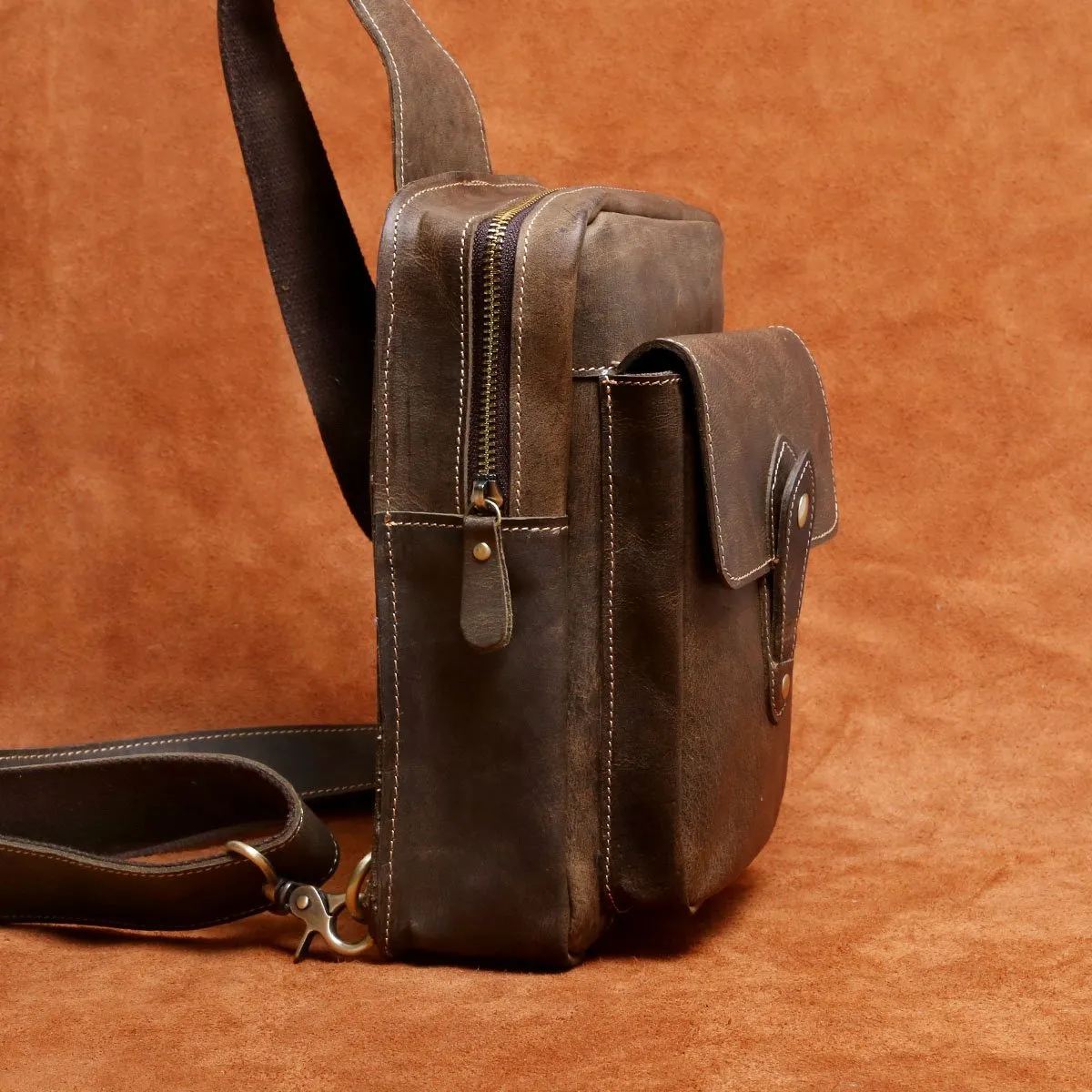 Genuine Leather Mens Cool Chest Bag Sling Bag Crossbody Bag Travel Bag Hiking Bag for men
