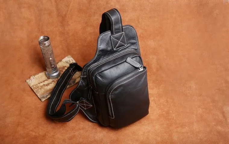 Genuine Leather Mens Cool Chest Bag Sling Bag Crossbody Bag Travel Bag Hiking Bag for men