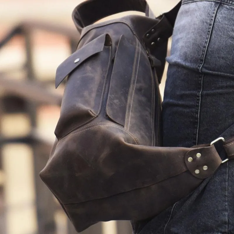 Genuine Leather Mens Cool Chest Bag Sling Bag Crossbody Bag Travel Bag Hiking Bag for men