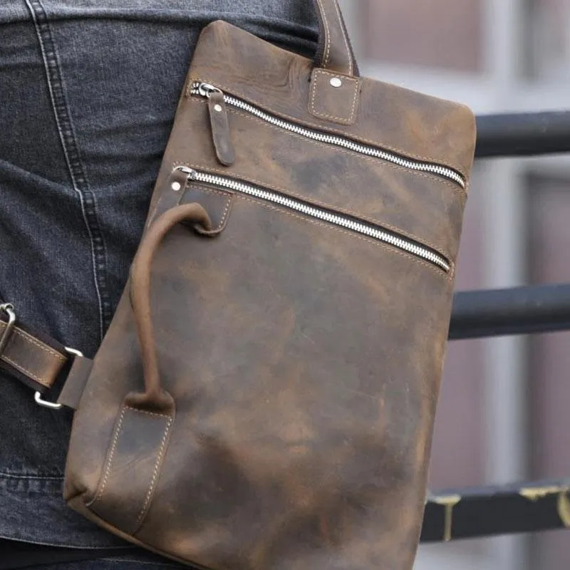 Genuine Leather Mens Cool Chest Bag Sling Bag Crossbody Bag Travel Bag Hiking Bag for men