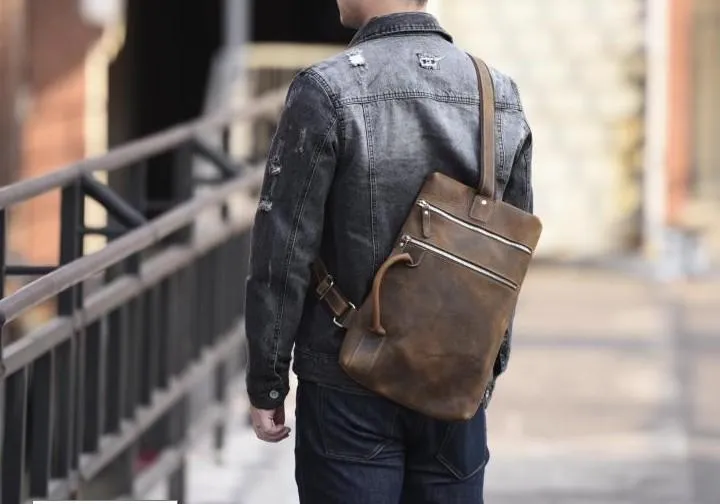 Genuine Leather Mens Cool Chest Bag Sling Bag Crossbody Bag Travel Bag Hiking Bag for men