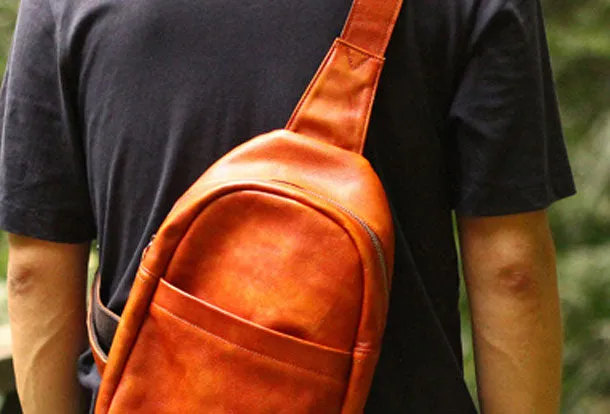 Genuine Leather Mens Cool Chest Bag Sling Bag Crossbody Bag Travel Bag Hiking Bag for men