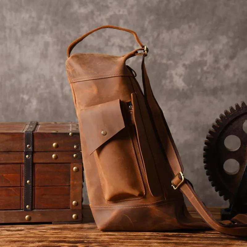 Genuine Leather Mens Cool Chest Bag Sling Bag Crossbody Bag Travel Bag Hiking Bag for men