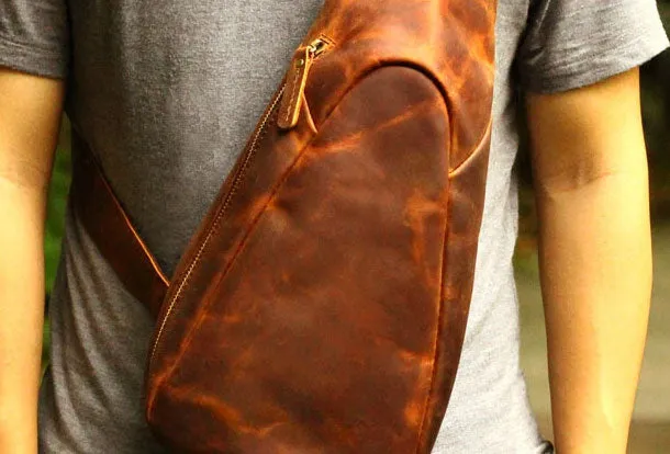 Genuine Leather Mens Cool Chest Bag Sling Bag Crossbody Bag Travel Bag Hiking Bag for men