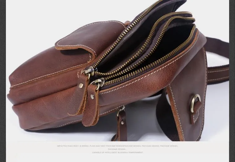 Genuine Leather Mens Cool Chest Bag Sling Bag Crossbody Sling Pack Brown One Shoulder Backpack for men