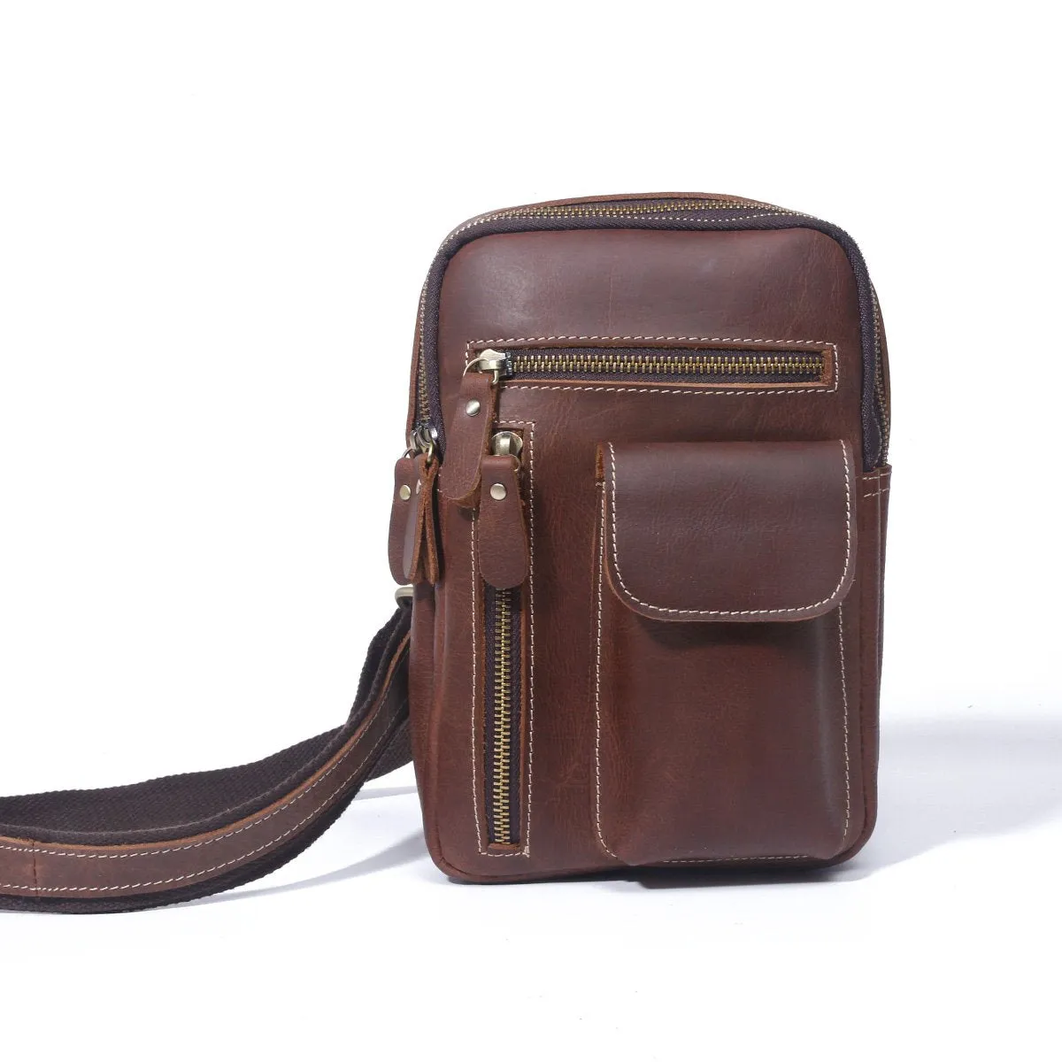 Genuine Leather Mens Cool Chest Bag Sling Bag Crossbody Sling Pack Brown One Shoulder Backpack for men