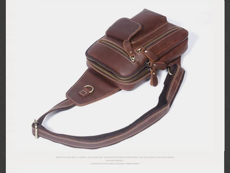 Genuine Leather Mens Cool Chest Bag Sling Bag Crossbody Sling Pack Brown One Shoulder Backpack for men
