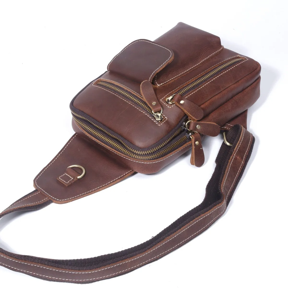 Genuine Leather Mens Cool Chest Bag Sling Bag Crossbody Sling Pack Brown One Shoulder Backpack for men