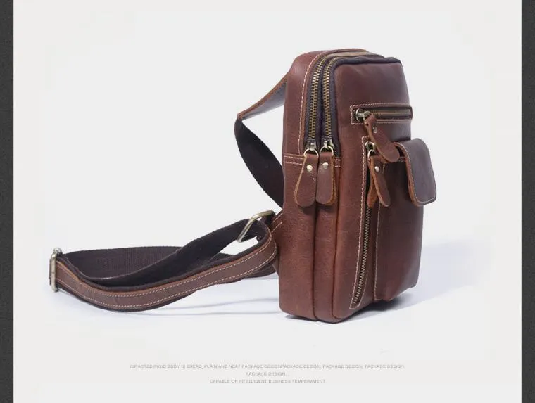 Genuine Leather Mens Cool Chest Bag Sling Bag Crossbody Sling Pack Brown One Shoulder Backpack for men