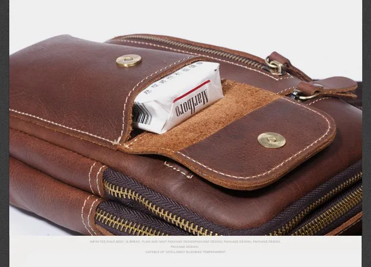 Genuine Leather Mens Cool Chest Bag Sling Bag Crossbody Sling Pack Brown One Shoulder Backpack for men