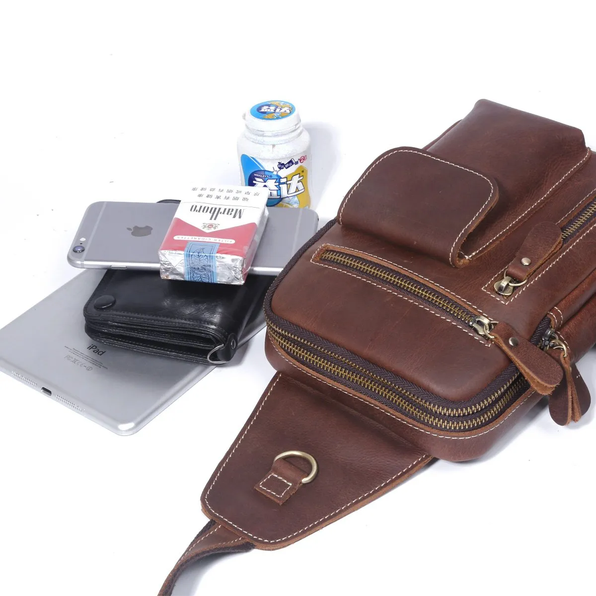 Genuine Leather Mens Cool Chest Bag Sling Bag Crossbody Sling Pack Brown One Shoulder Backpack for men