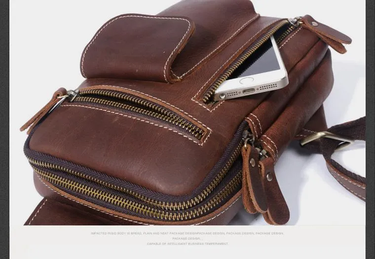 Genuine Leather Mens Cool Chest Bag Sling Bag Crossbody Sling Pack Brown One Shoulder Backpack for men