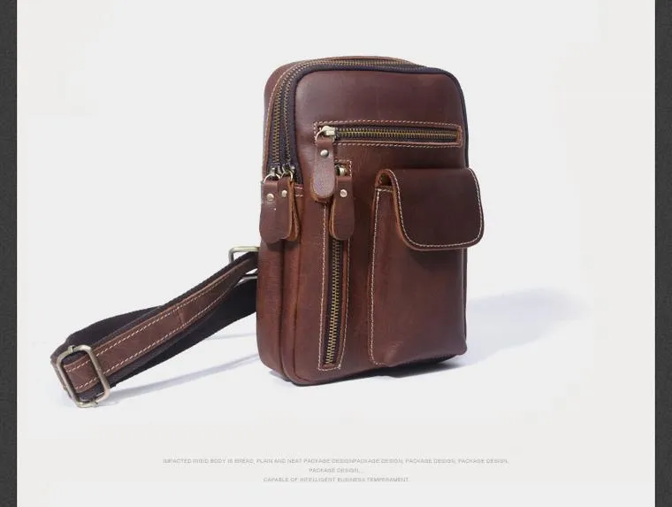 Genuine Leather Mens Cool Chest Bag Sling Bag Crossbody Sling Pack Brown One Shoulder Backpack for men