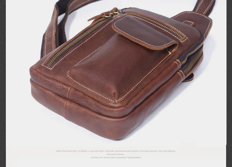 Genuine Leather Mens Cool Chest Bag Sling Bag Crossbody Sling Pack Brown One Shoulder Backpack for men